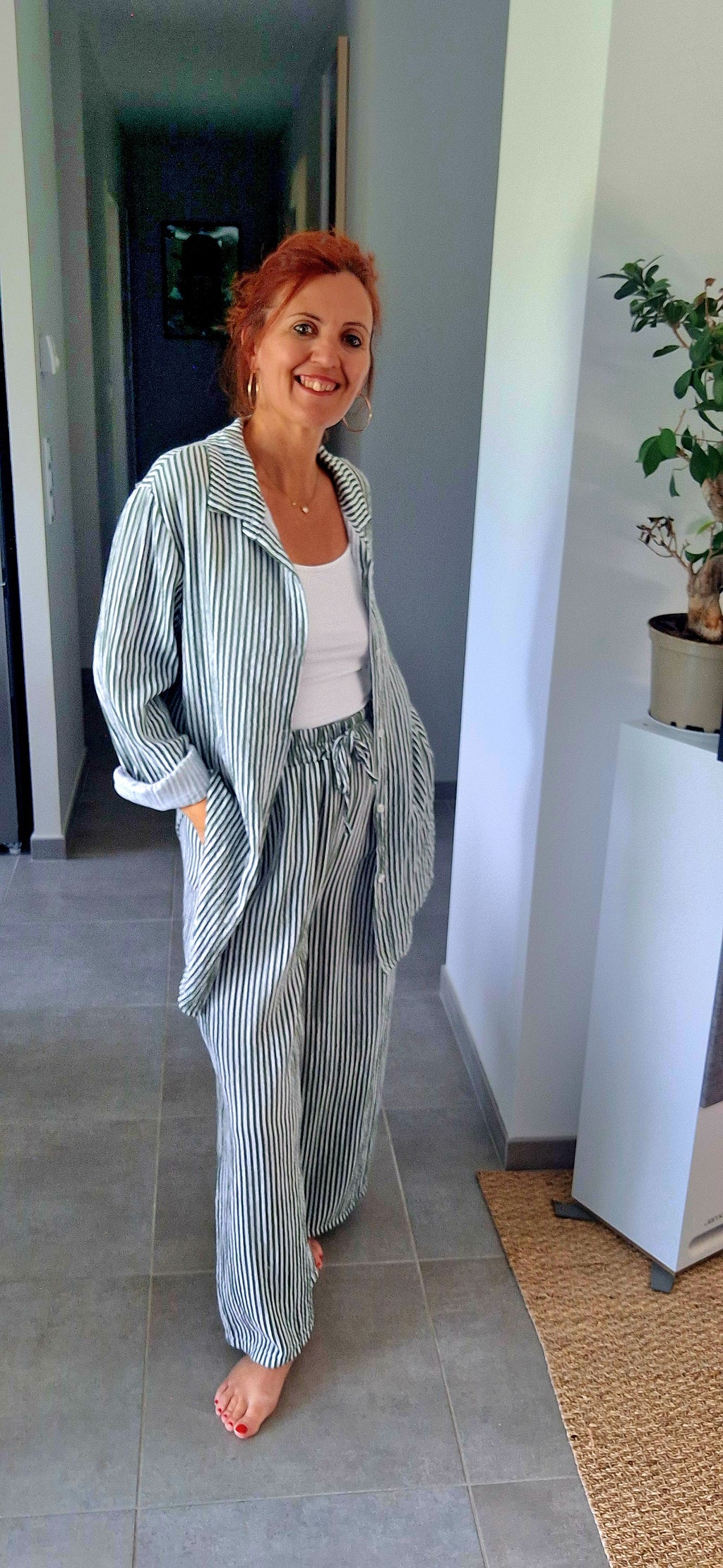Ensemble Rayé Vert et Blanc en Gaze de Coton
