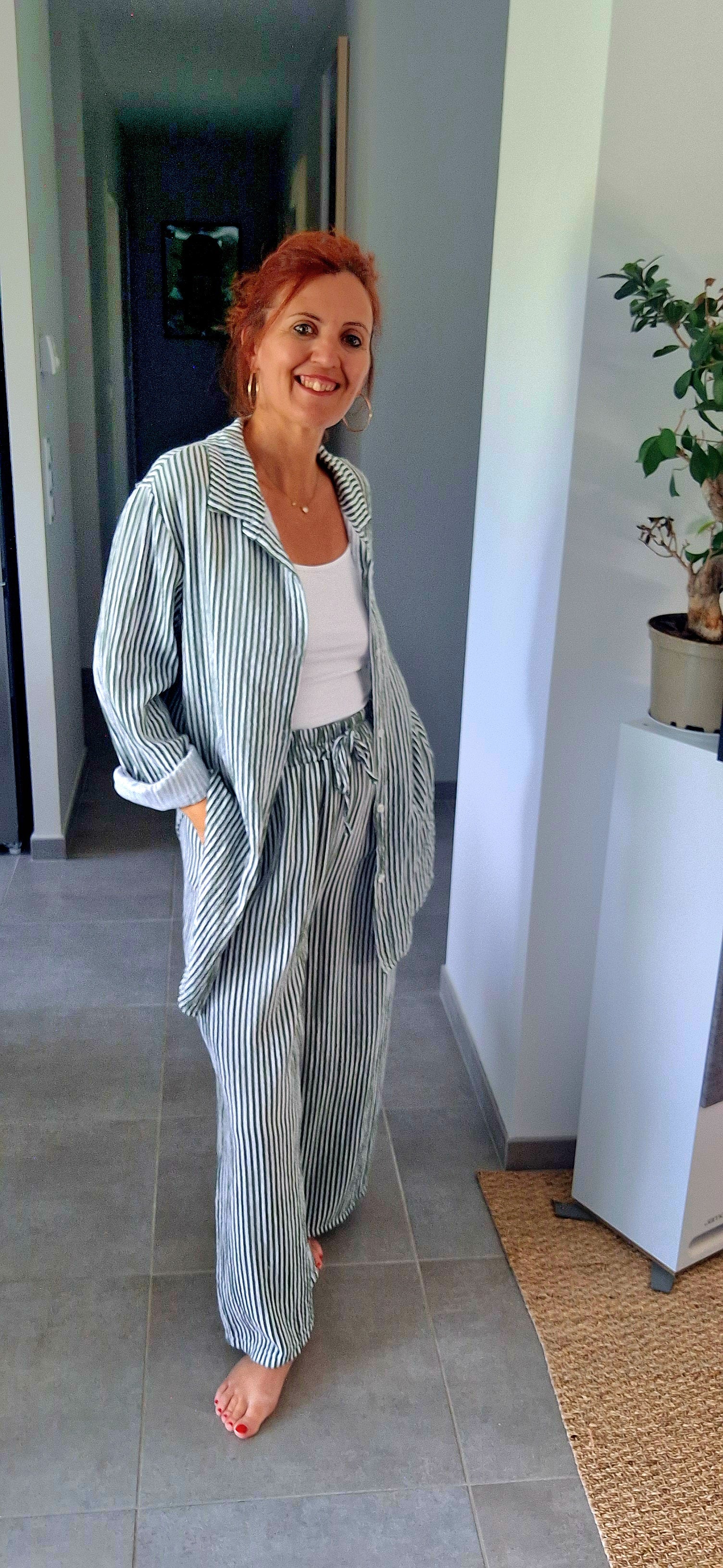 Ensemble Rayé Vert et Blanc en Gaze de Coton