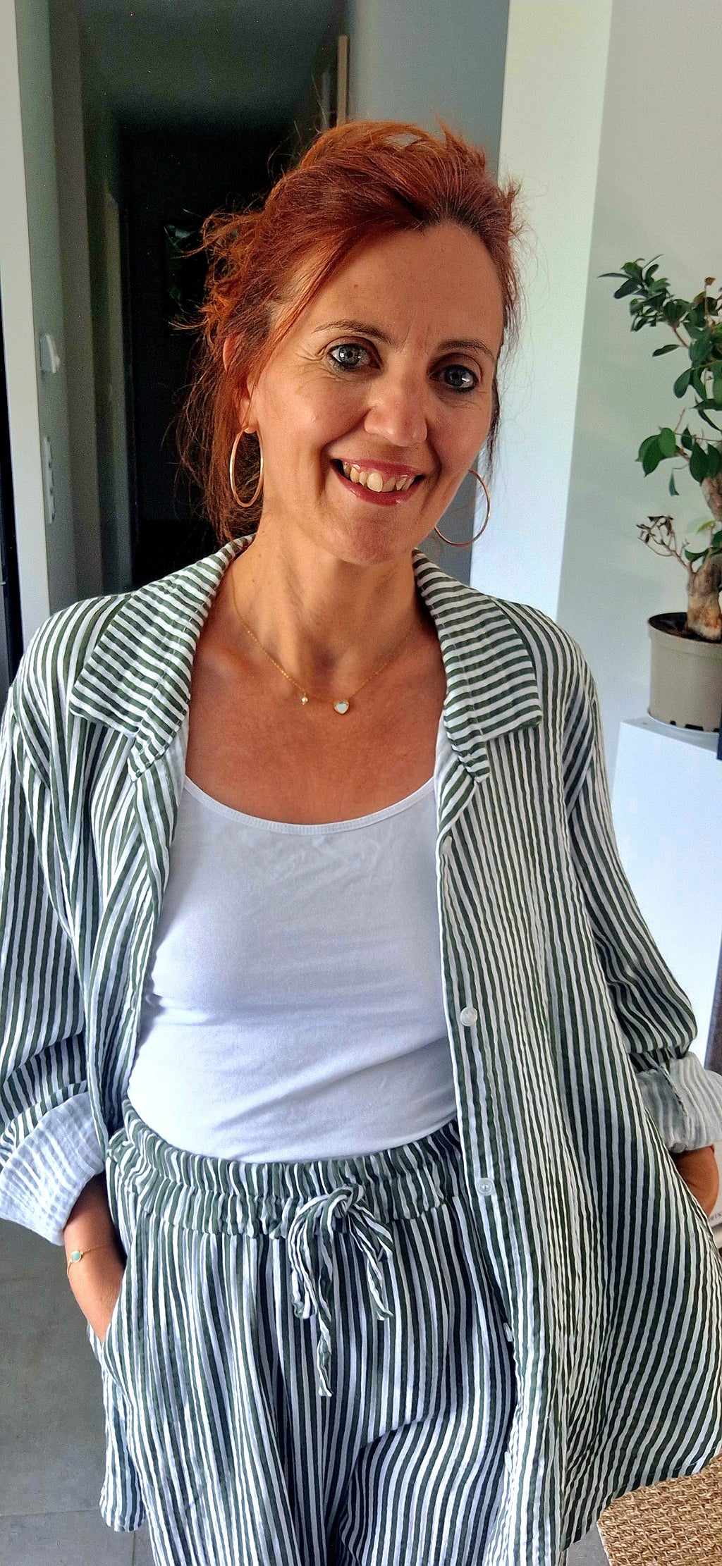 Ensemble Rayé Vert et Blanc en Gaze de Coton