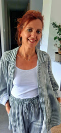 Ensemble Rayé Vert et Blanc en Gaze de Coton