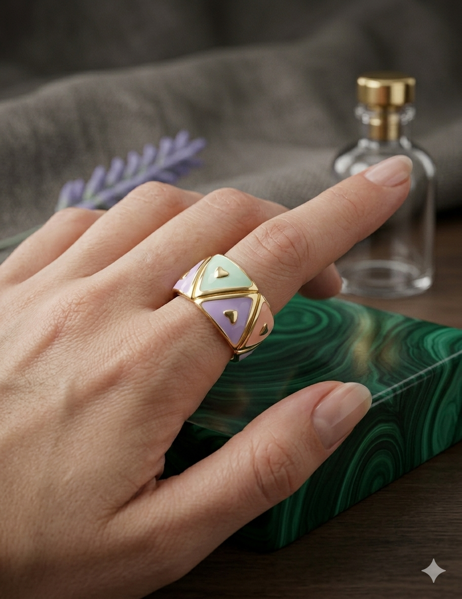 Bague Anneau Large Émail Pastel Géométrique – Acier Inoxydable
