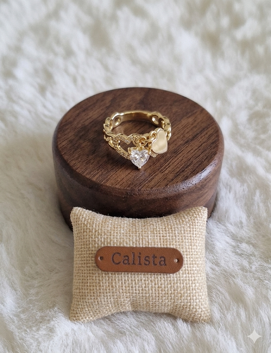 Bague Chaîne Dorée & Cœur Cristal – Acier Inoxydable Ajustable