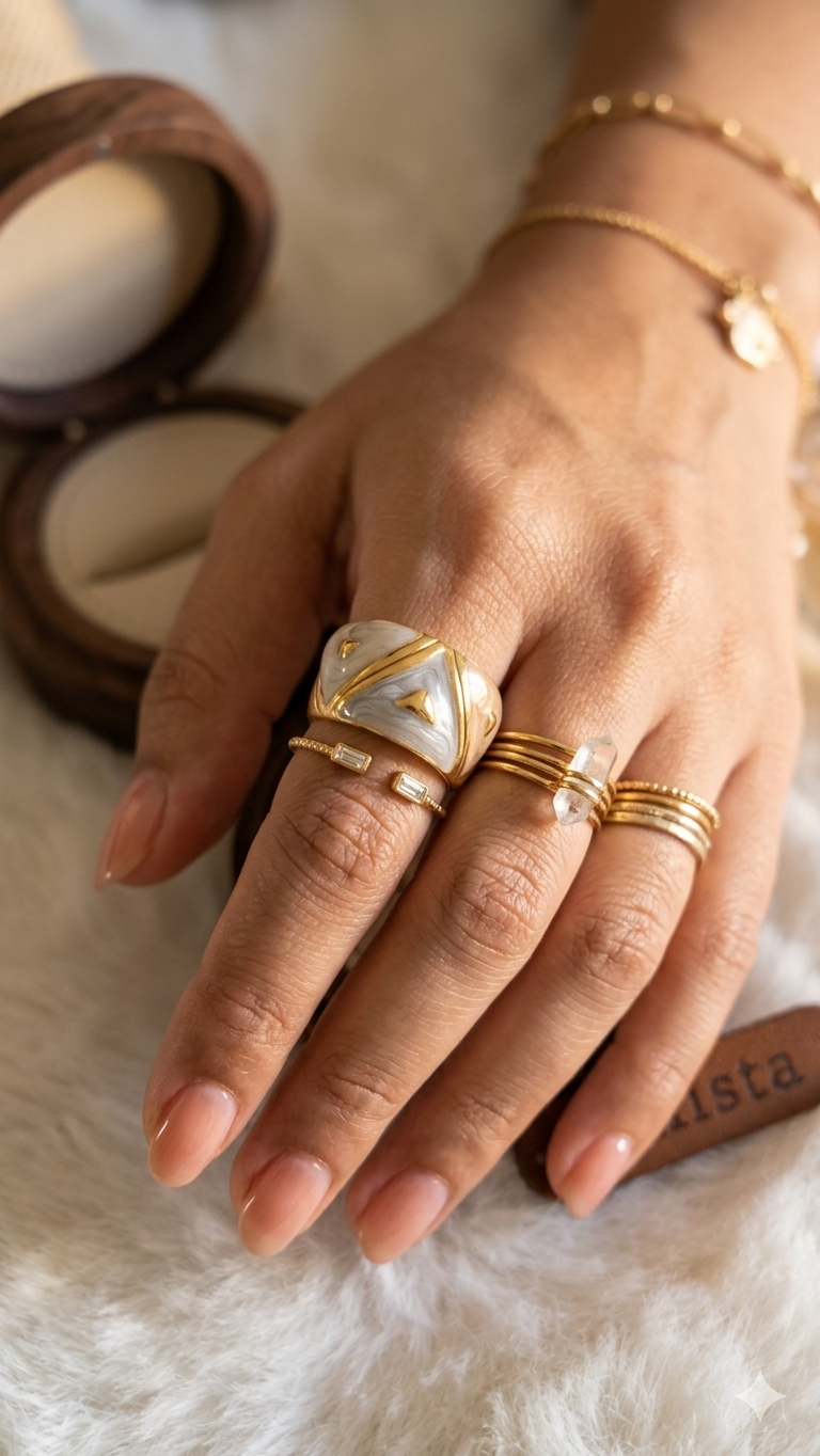 Bague Anneau Doré Émail Blanc – Acier Inoxydable