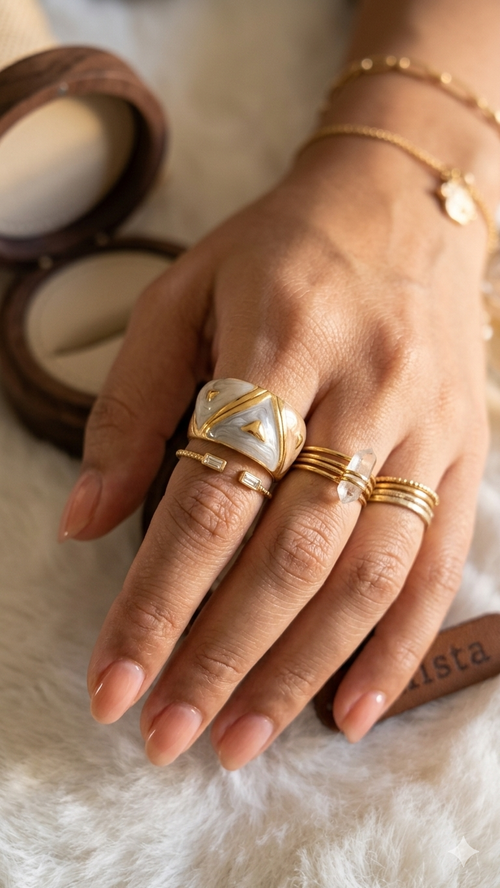 Bague Anneau Doré Émail Blanc – Acier Inoxydable