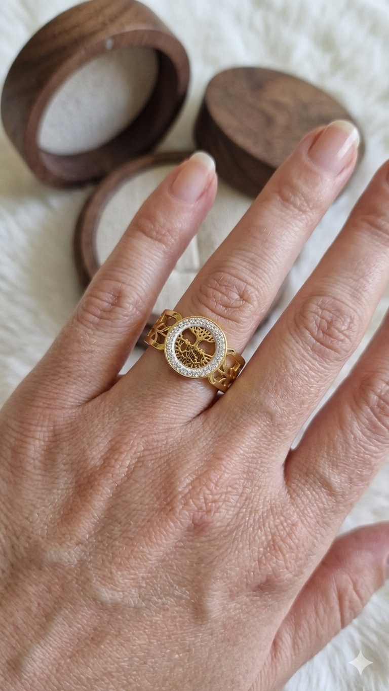 Bague Arbre de Vie Dorée – Acier Inoxydable Ajustable