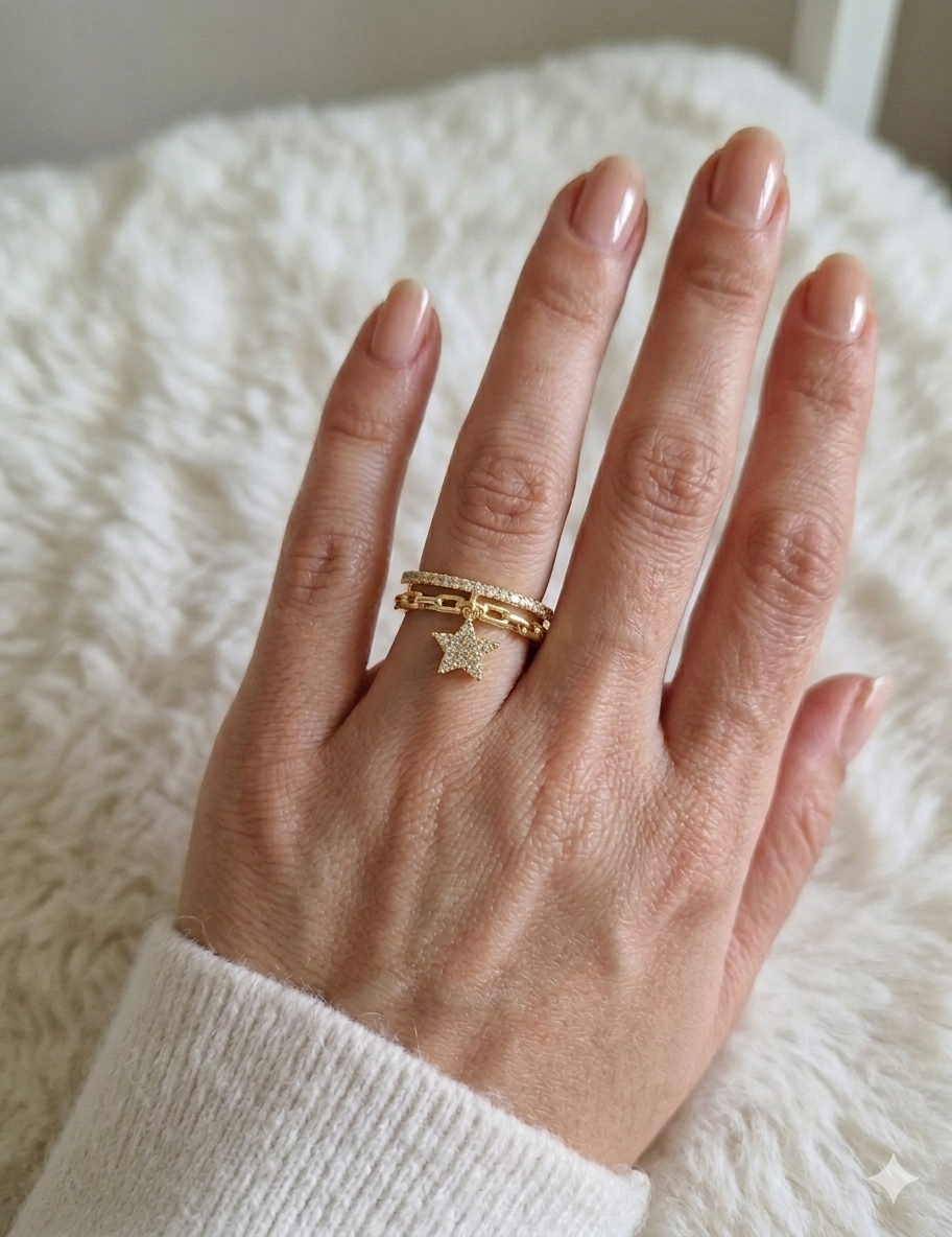 Bague Étoile Dorée & Strass – Acier Inoxydable Ajustable