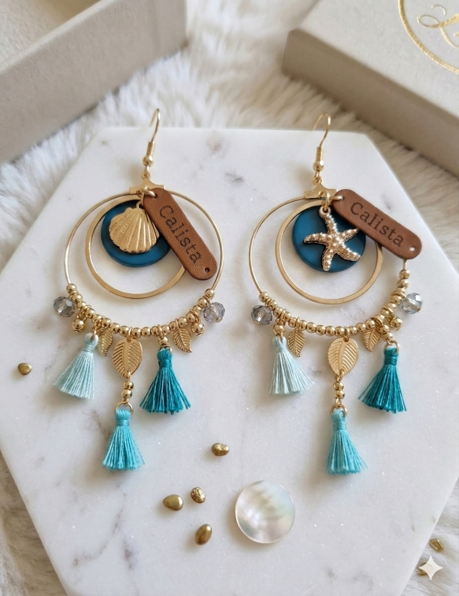 Boucles d'Oreilles Créoles Bohème Marine – Pompons & Étoile de Mer