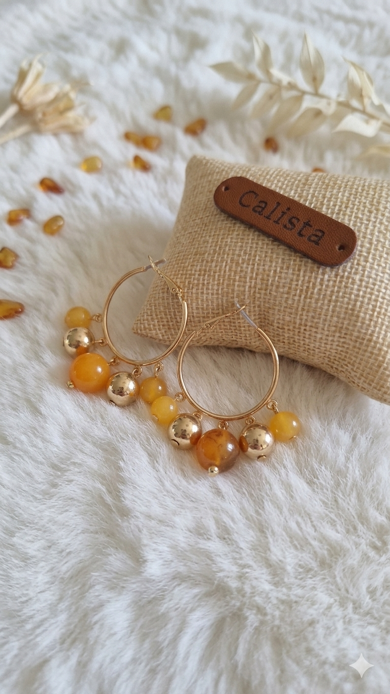 Boucles d'Oreilles Créoles Ambre & Perles Dorées