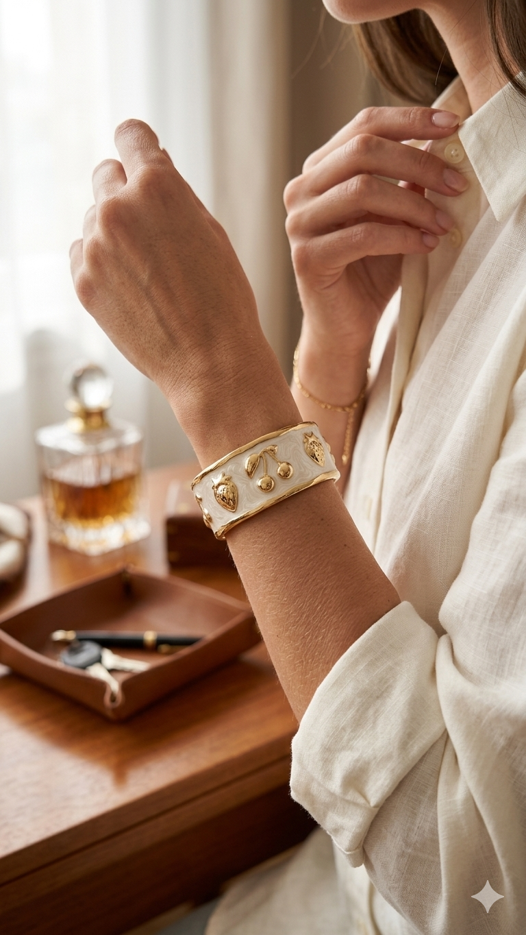 Bracelet Acier Inoxydable Doré Émail Noir — Ajustable