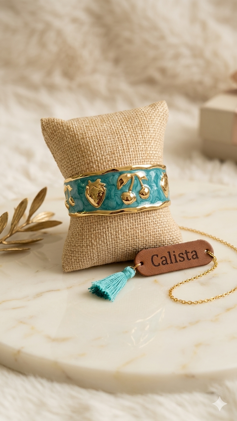 Bracelet Émail Bleu Turquoise Ajustable – Acier Inoxydable Doré