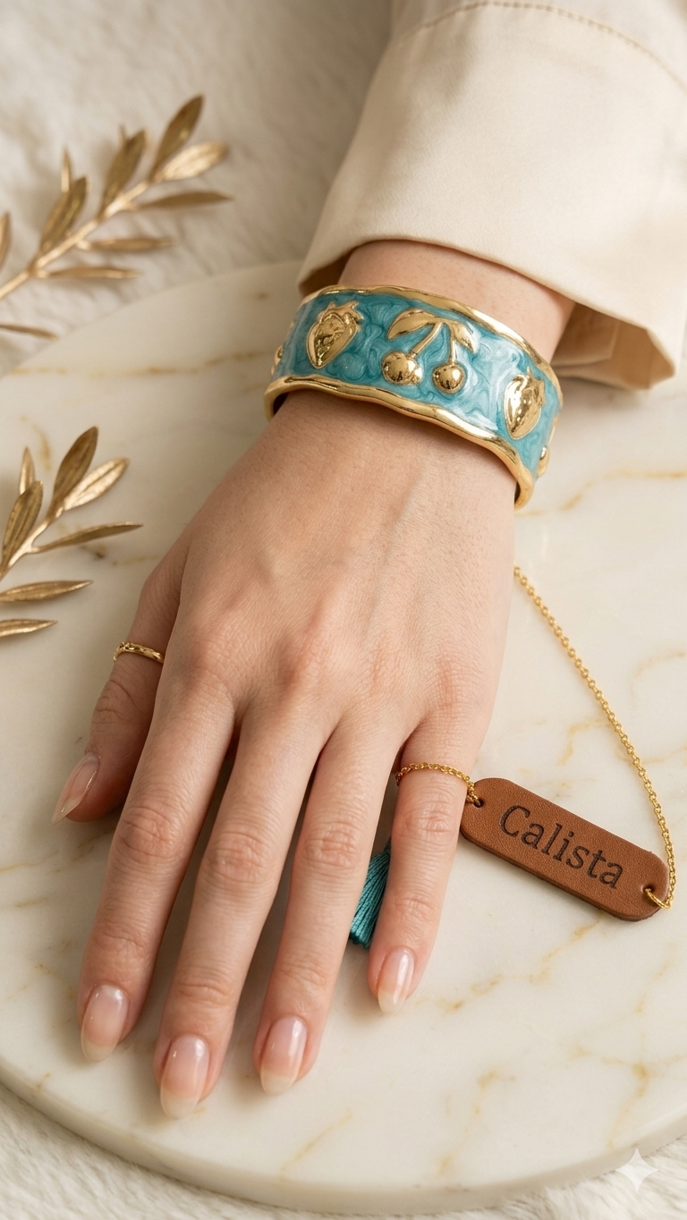 Bracelet Émail Bleu Turquoise Ajustable – Acier Inoxydable Doré