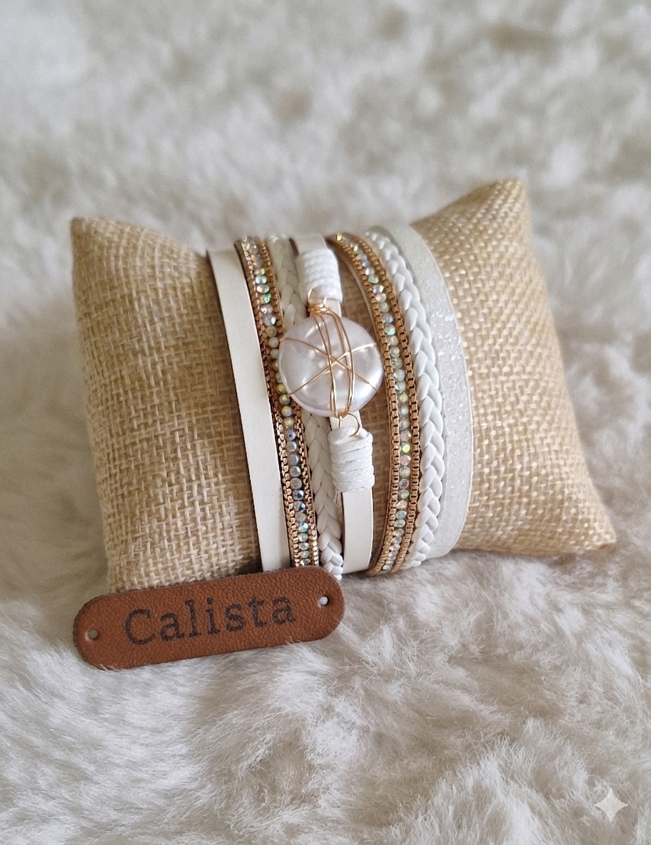 Bracelet Manchette Bohème Blanc & Doré – Fermeture Aimanté
