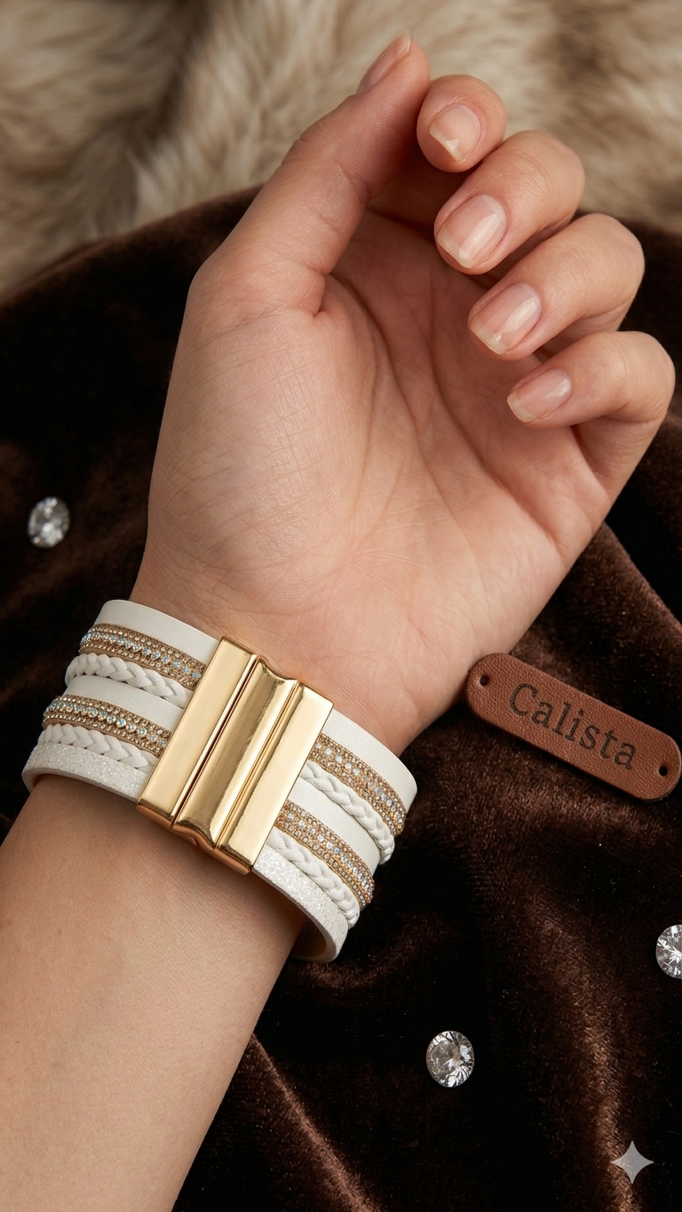Bracelet Manchette Bohème Blanc & Doré – Fermeture Aimanté