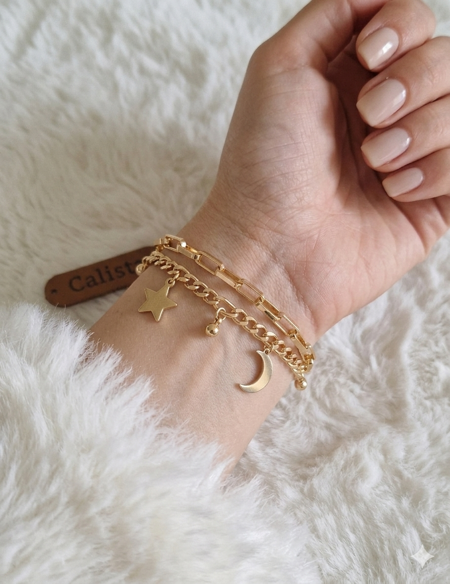 Bracelet Fantaisie Étoile & Lune Doré – Multi-rangs
