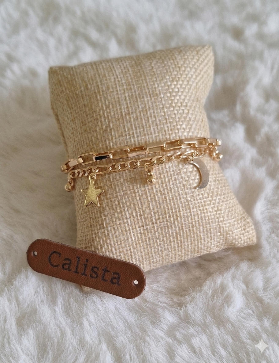 Bracelet Fantaisie Étoile & Lune Doré – Multi-rangs