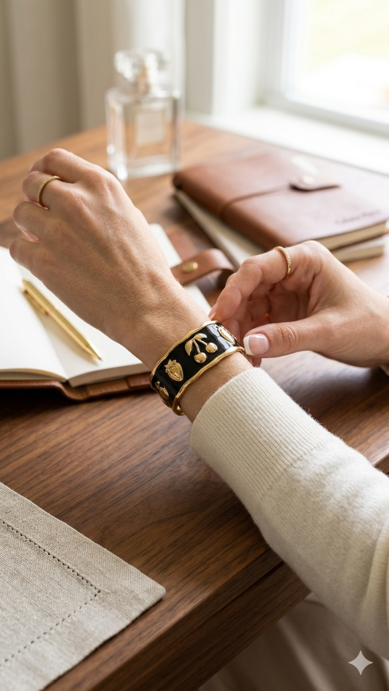 Bracelet Émail Noir Ajustable – Acier Inoxydable Doré