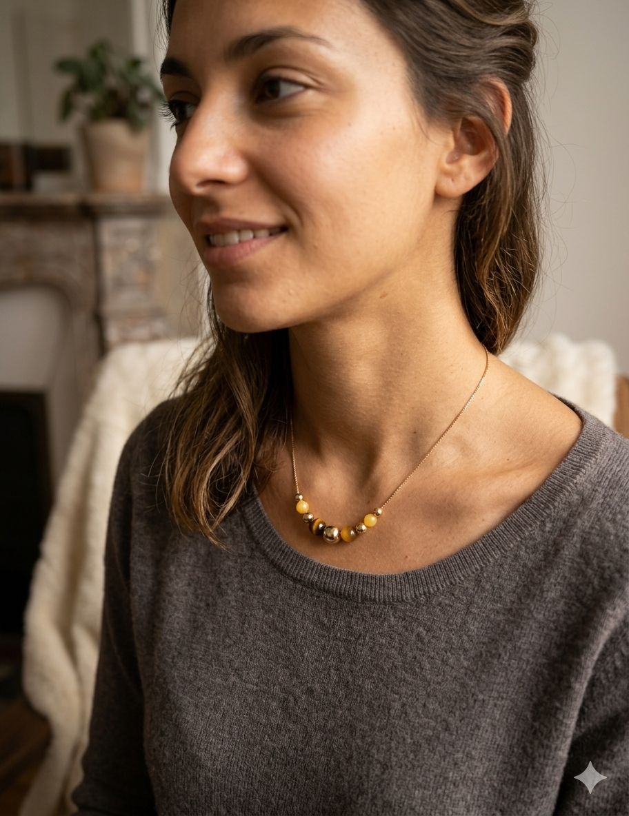 Collier Fantaisie Ambre & Perles Dorées