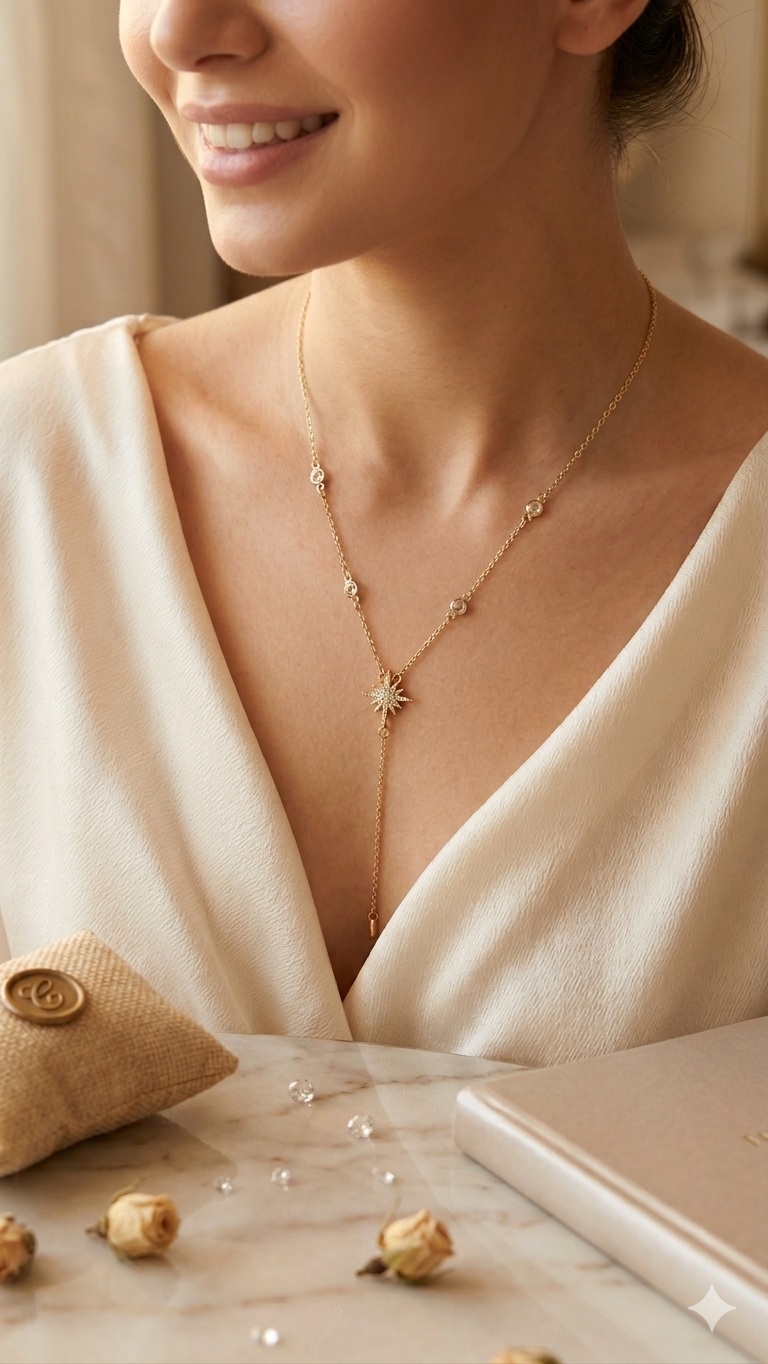 Collier Lariat Étoile Doré & Cristaux – Fantaisie