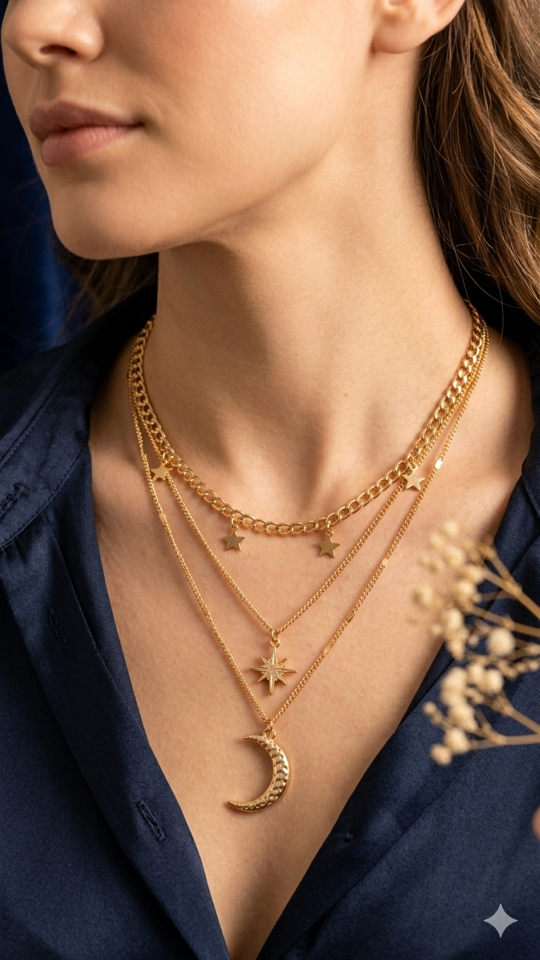 Collier Multi-rangs Céleste Étoiles & Lune Doré – Fantaisie