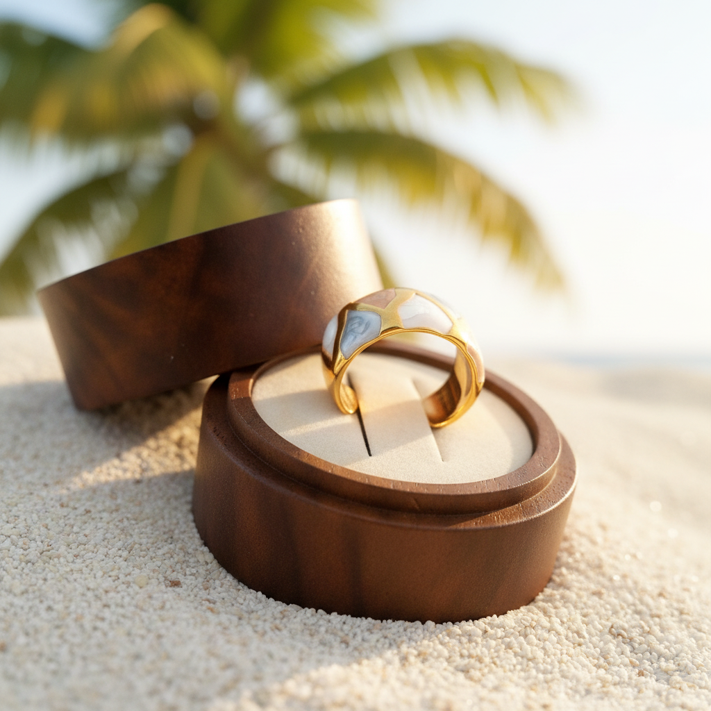 Bague bien visible dans son écrin incliné sur sable tropical