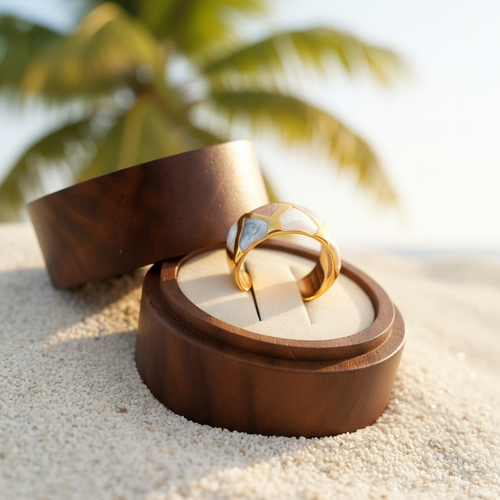 Bague bien visible dans son écrin incliné sur sable tropical