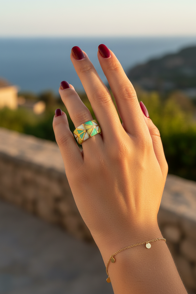 Bague turquoise ajustée avec bracelet doré - vernis rouge