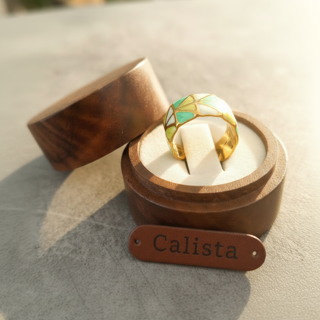 Bague verte dorée avec étiquette Calista