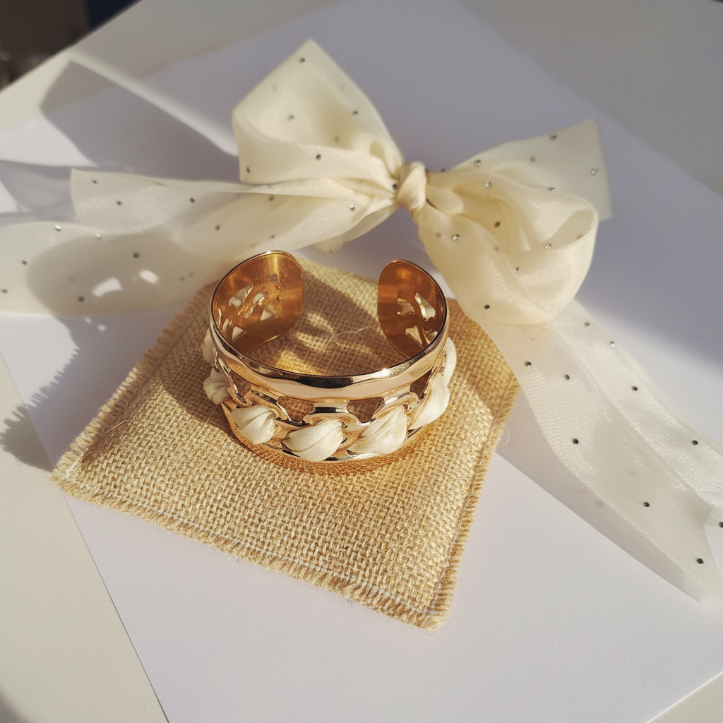 Bracelet blanc doré sur coussin lin