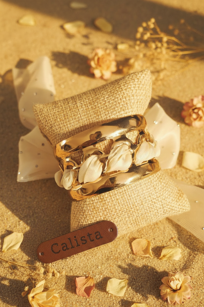 Bracelet doré fleurs blanches avec étiquette Calista