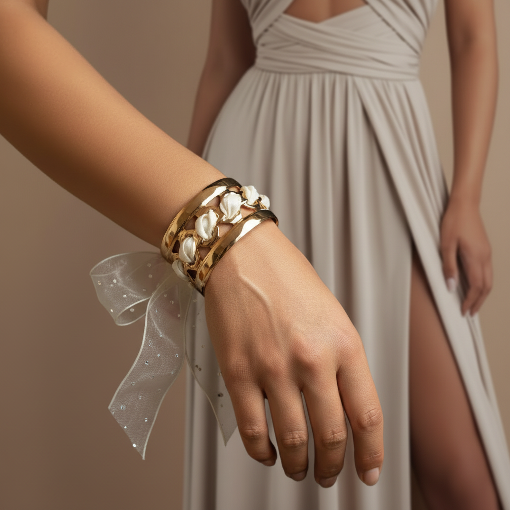 Bracelet doré sur robe beige