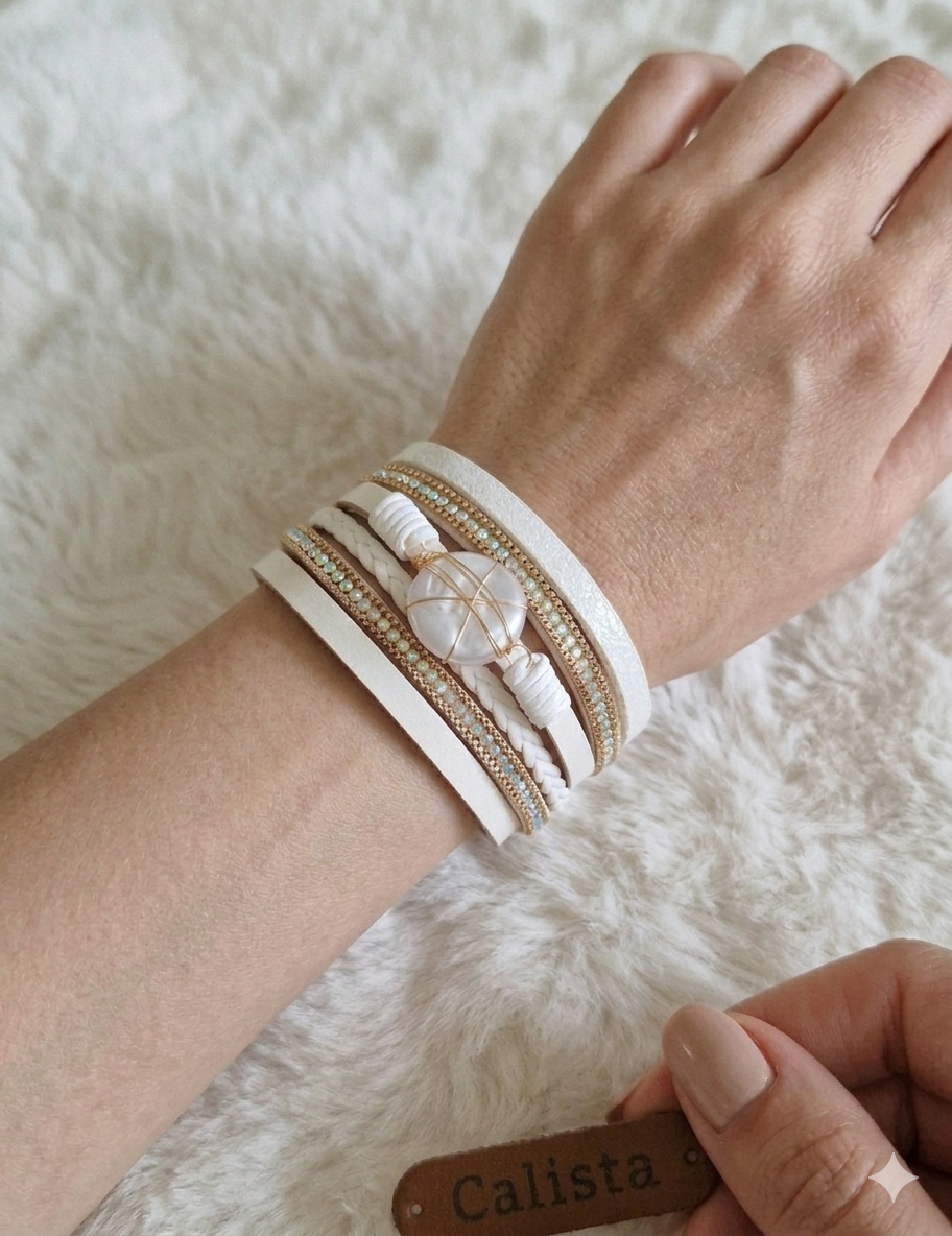 Bracelet Manchette Bohème Blanc & Doré – Fermeture Aimanté