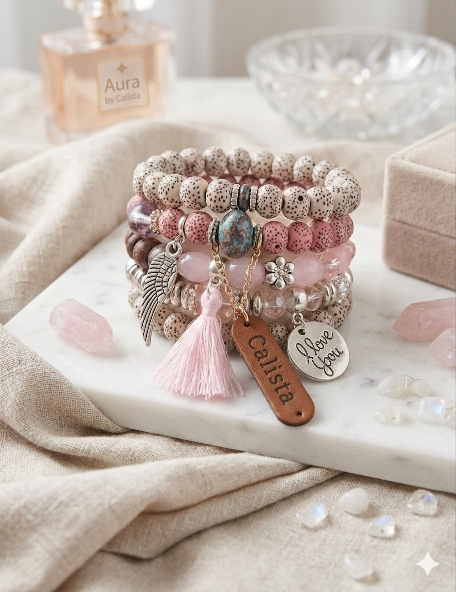 Set de Bracelets Perles Bohème Rose – Ailes & I Love You