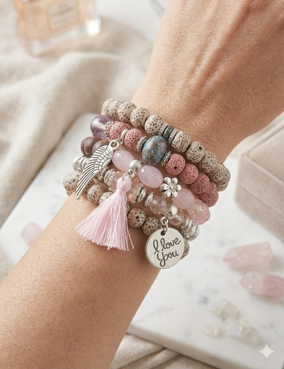 Set de Bracelets Perles Bohème Rose – Ailes & I Love You