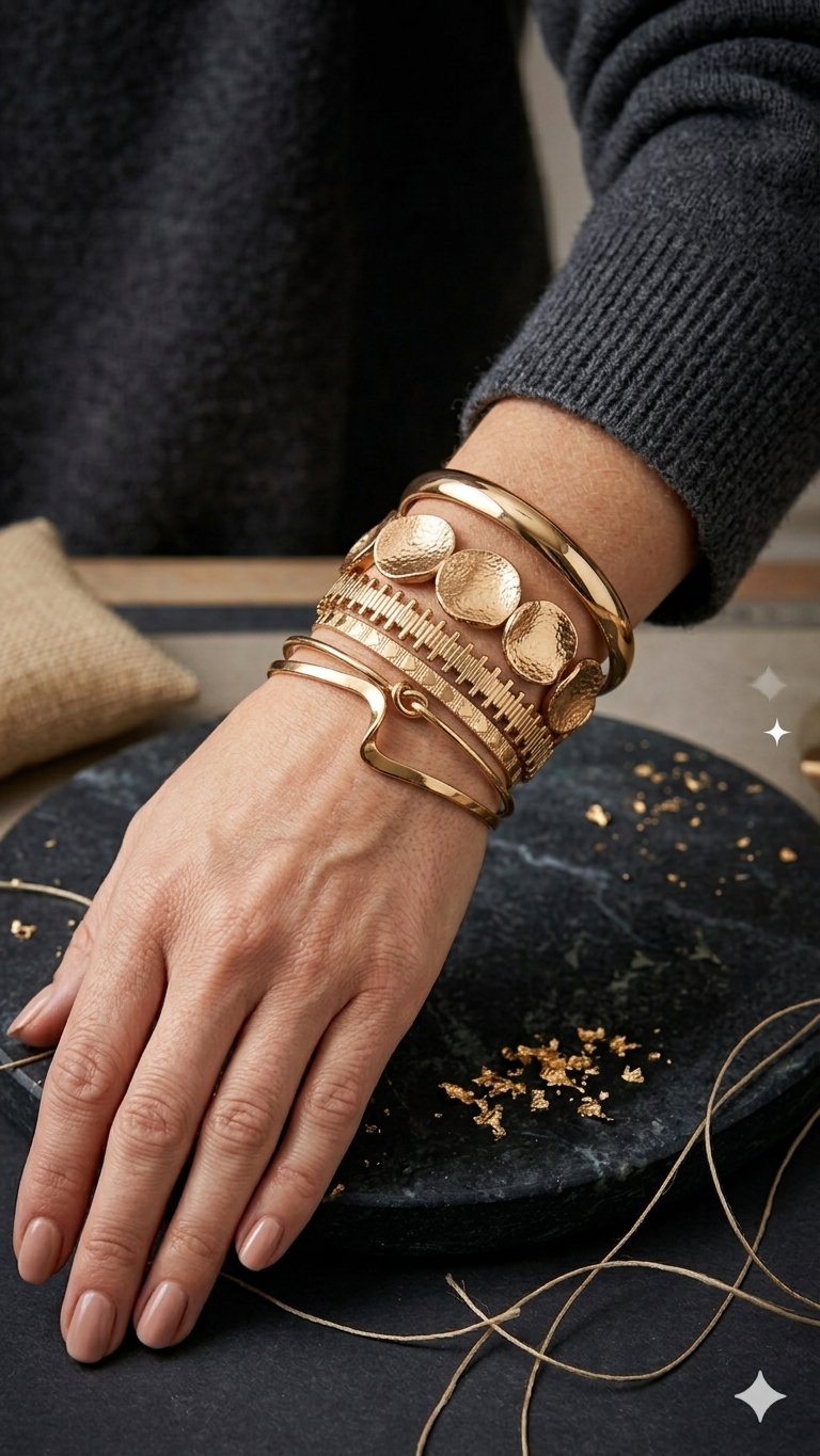 Set de Bracelets Dorés Luxe – Joncs & Disques Martelés