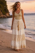 Jupe longue dentelle beige & débardeur doré lurex