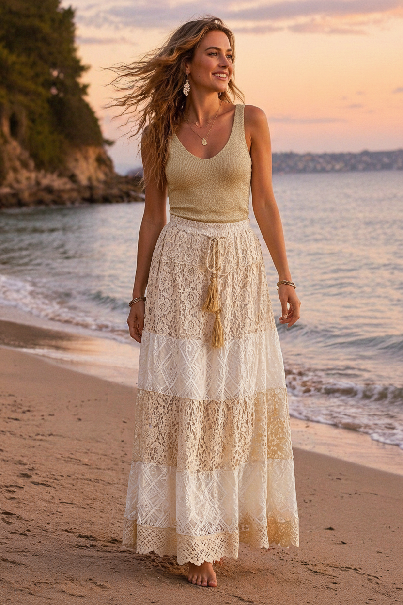 Jupe longue dentelle beige & débardeur doré lurex