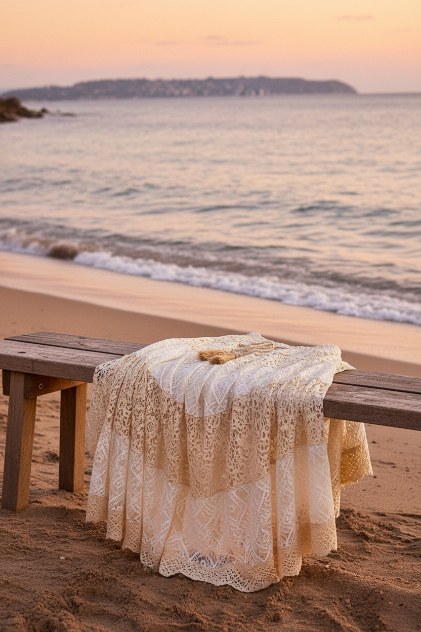 Jupe longue dentelle beige posée sur un banc de plage