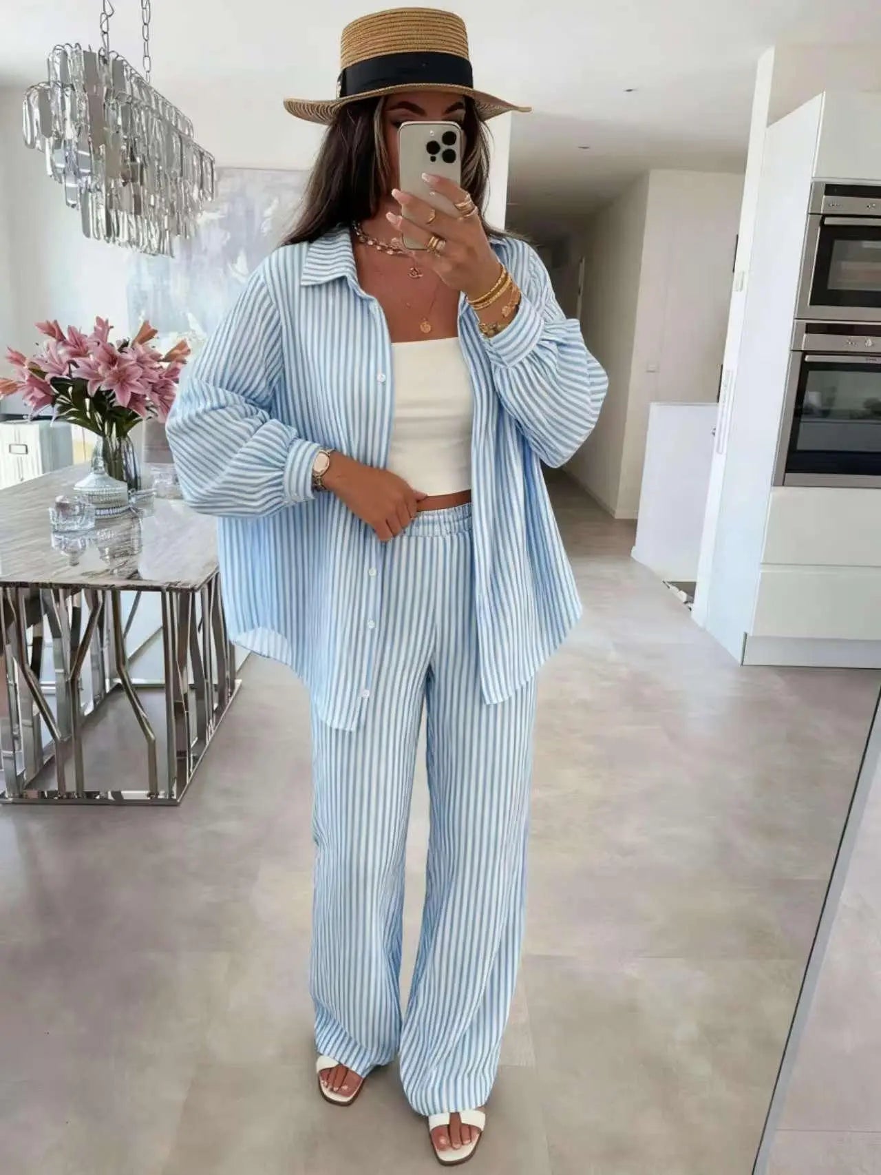 Ensemble Rayé Bleu Clair en Gaze de Coton
