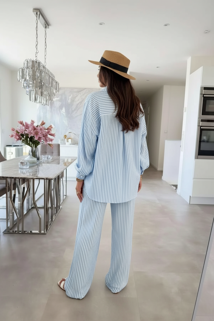Pantalon gaze de coton rayé bleu - vue de dos