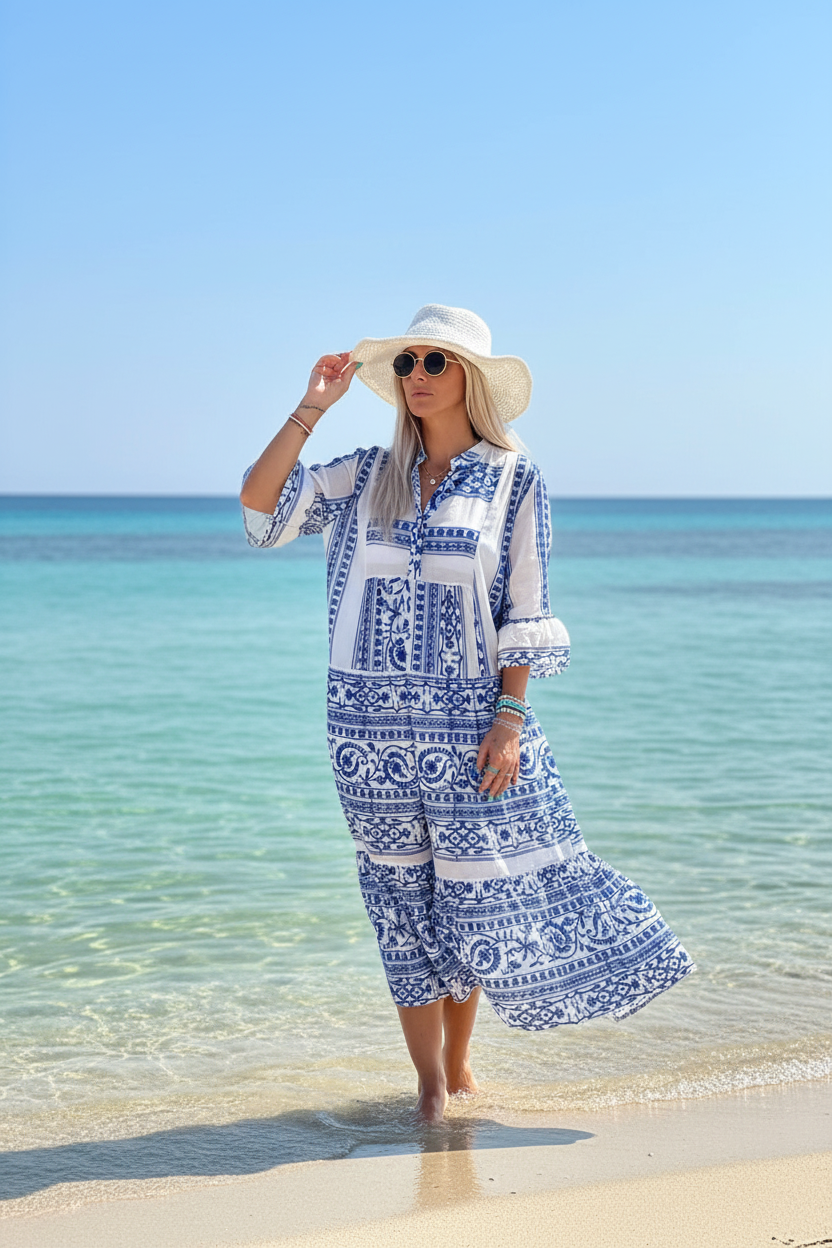Robe bohème bleue et blanche - plage