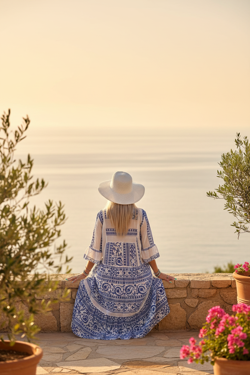 Robe bohème bleue et blanche - terrasse vue mer