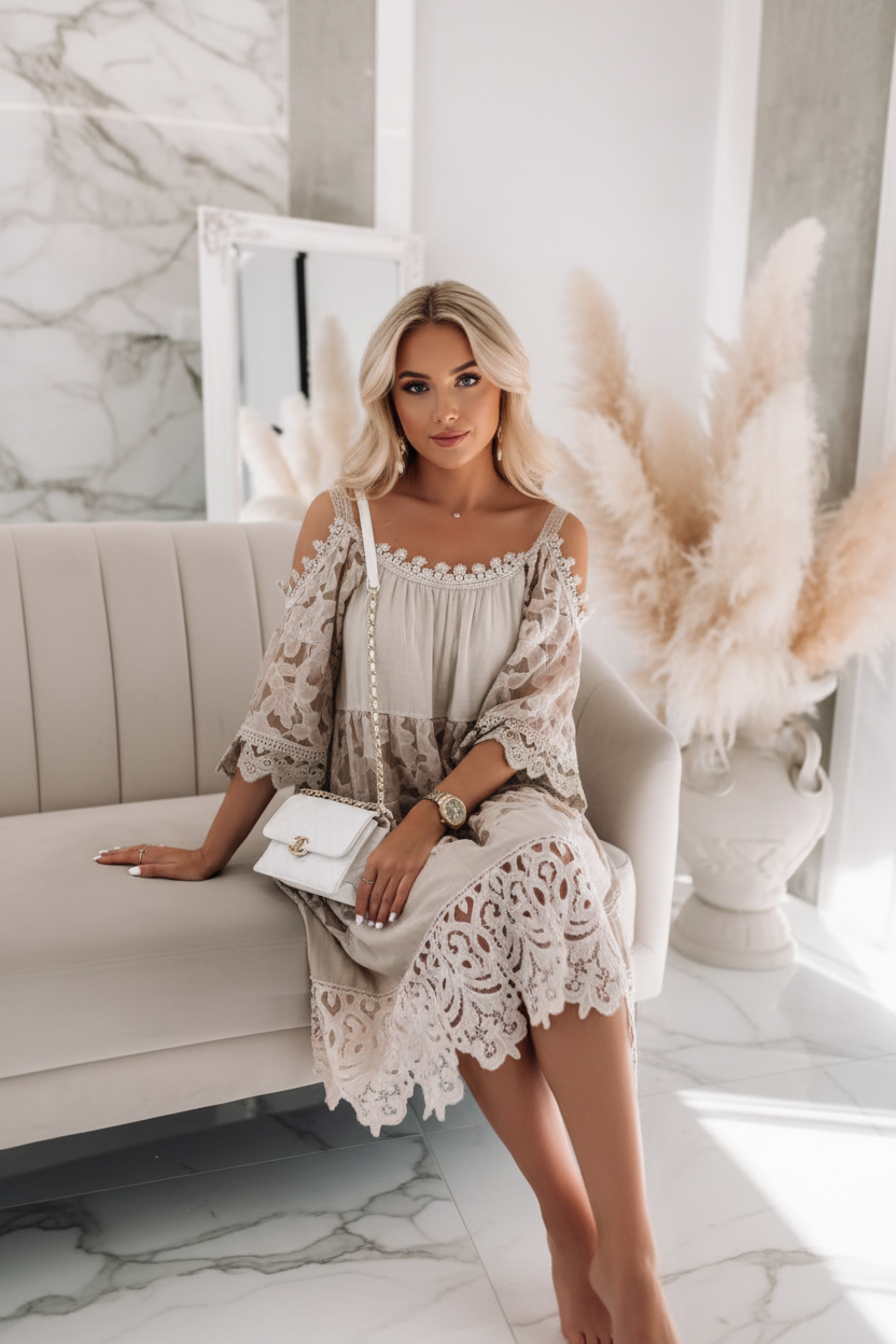 Robe bohème taupe broderie anglaise - de face assise