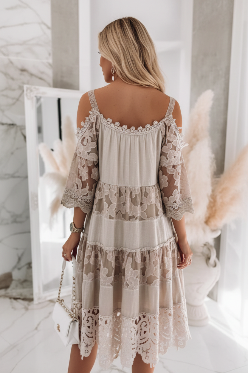 Robe bohème taupe broderie anglaise - vue de dos