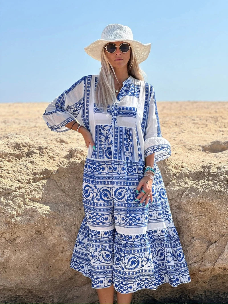 Robe Longue Bohème Broderie Majolique Bleue et Blanche