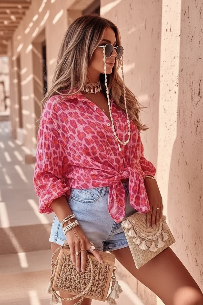 Vue 3/4 - Chemise léopard rose